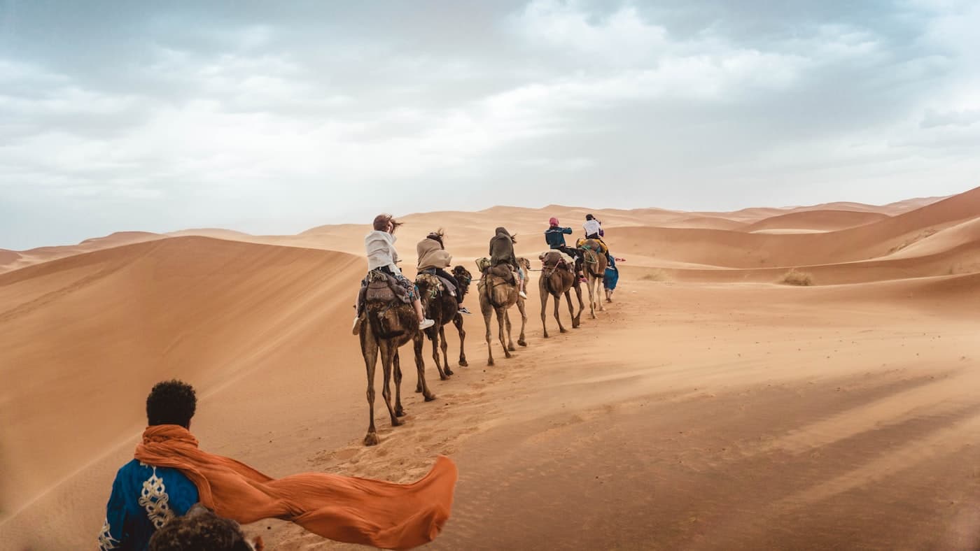 Travellers riding camels along a desert ridge at sunset