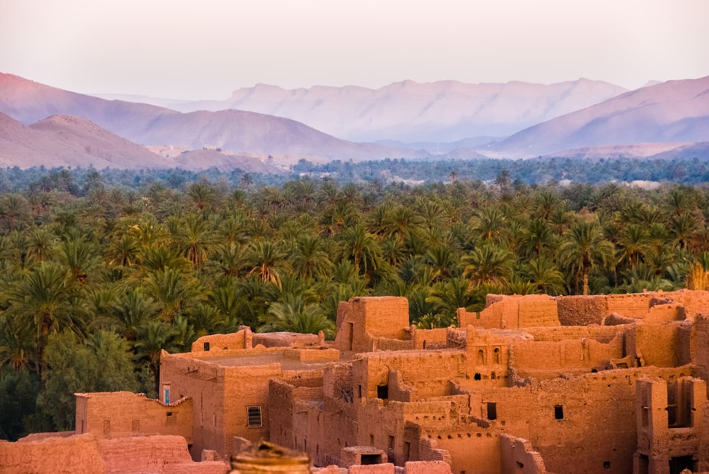 A fortified kasbah set in a palm oasis below the Atlas foothills