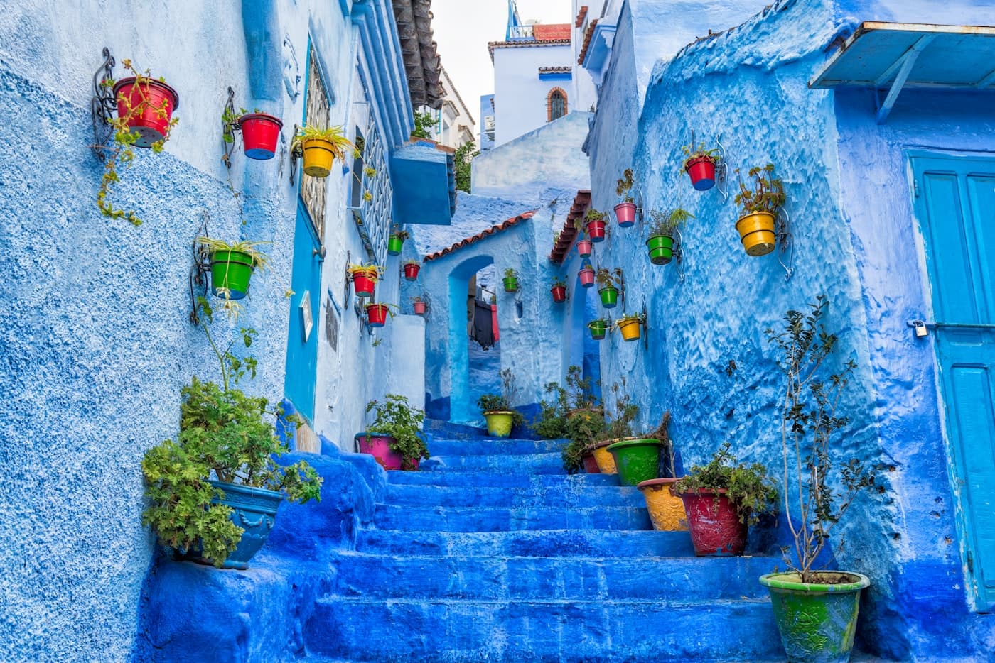 Blue steps lined with colourful potted plants in Chefchaouen